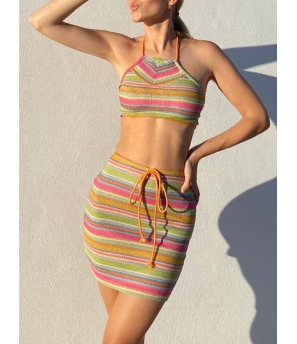 Colorful Striped Knit Halter Top And Skirt Set