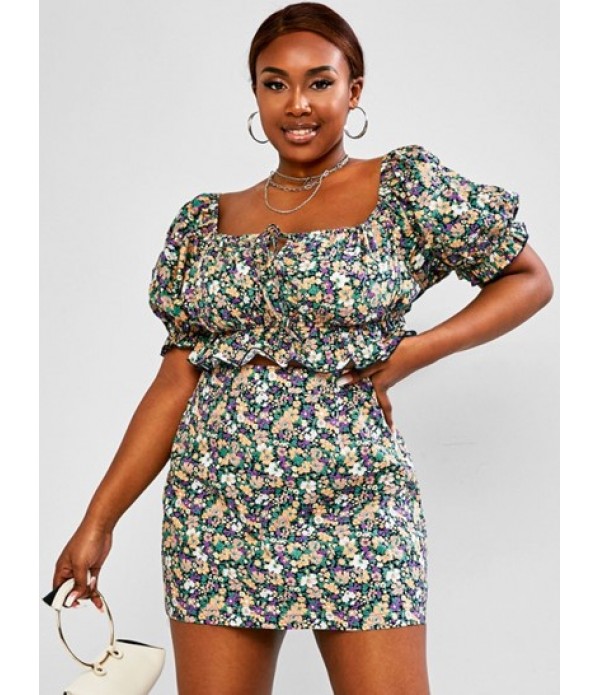 Plus Size Floral Puff Sleeve Ruffle Two Piece Skirt Set