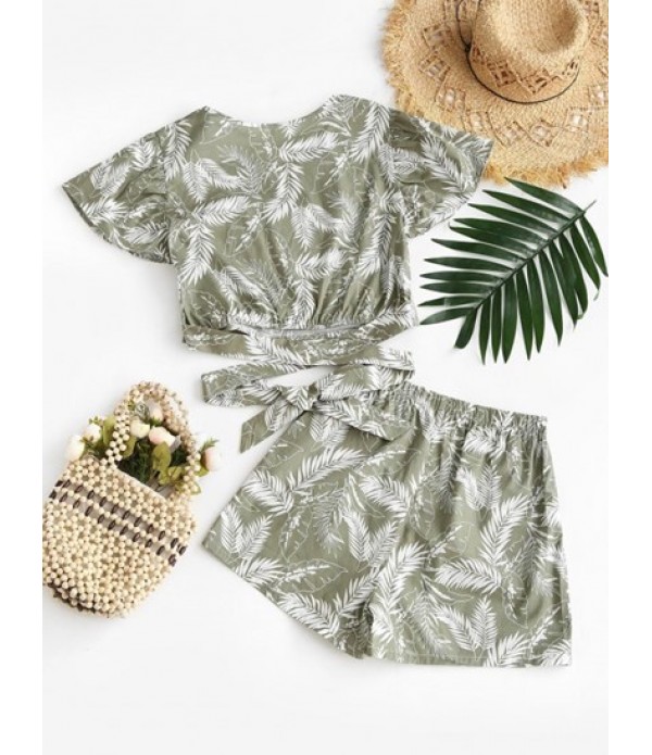Tropical Leaf Print Surplice Two Piece Shorts Set