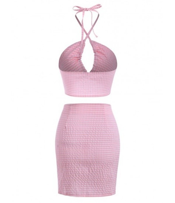 Gingham Lace-up Slit Cutout Skirt Set