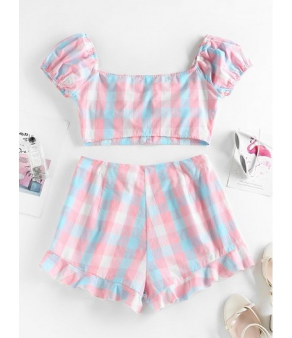 Plaid Bustier Puff Sleeve Ruffled Two Piece Set