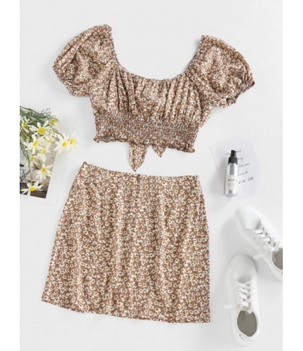 Ditsy Print Puff Sleeve Knot Two Piece Skirt Set