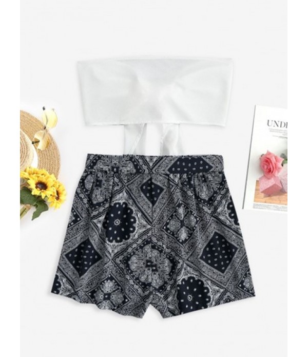 Tie Front Bandeau Top And Bandana Print Belted Shorts Set Tie Front Bandeau Top And Bandana Print Belted Shorts Set
