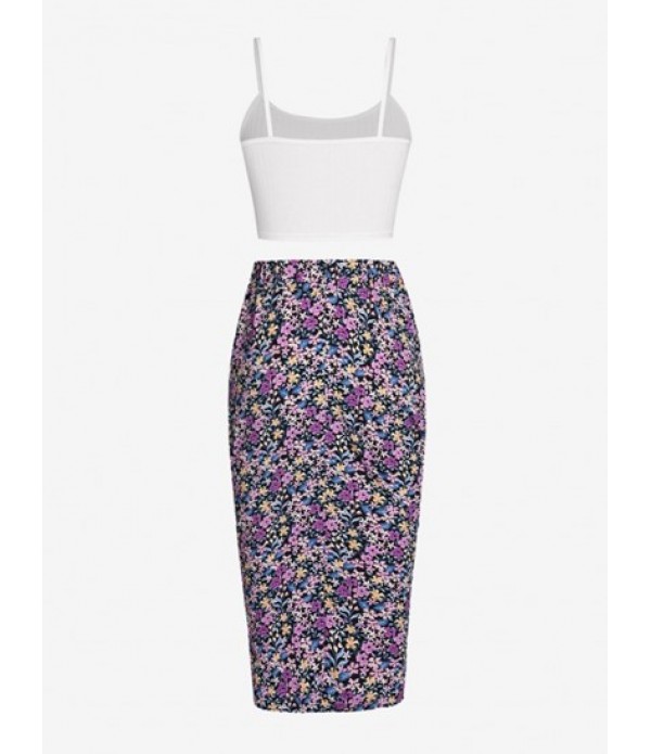 Ribbed Top And Floral Cinched Skirt Set