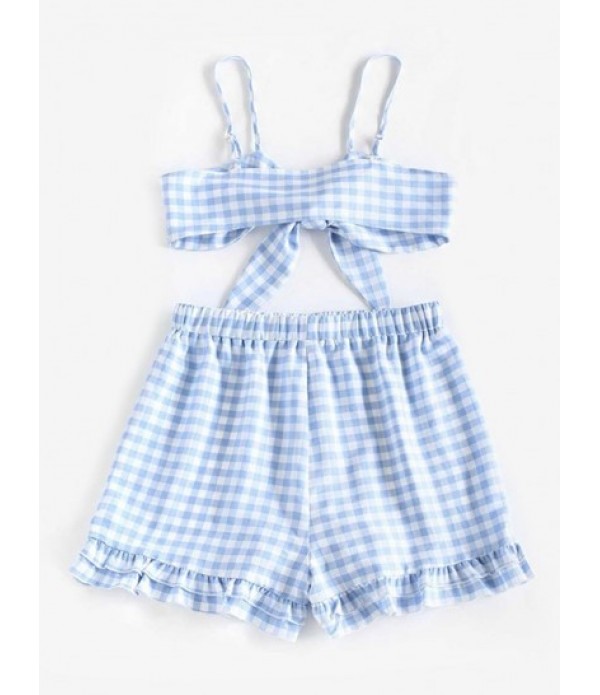 Gingham Tie Front Bralette Top And Ruffled Shorts Set