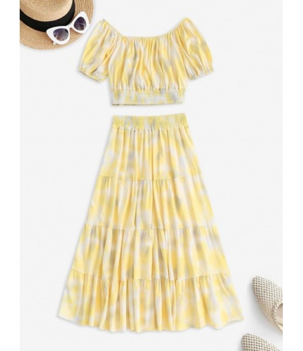 Puff Sleeve Tie Dye Off Shoulder Tiered Maxi Skirt Set