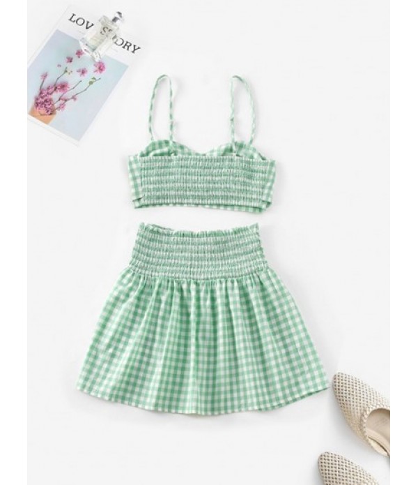 Gingham Bowknot Cami Top And Smocked Skirt Set