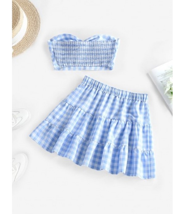 Strapless Twist Gingham Crop Top And Skirt Set Strapless Twist Gingham Crop Top And Skirt Set