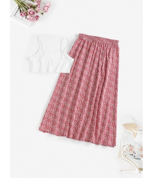 Ribbed Ditsy Print Slit Skirt Set