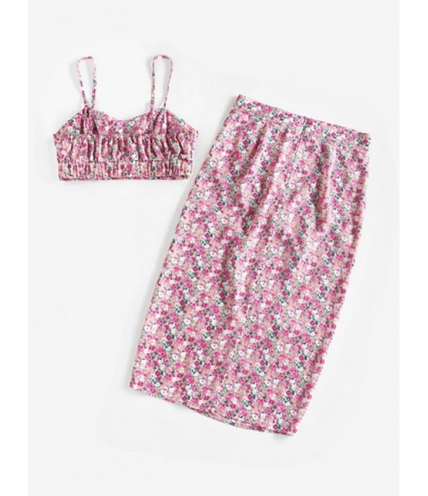 Floral Ruched Crop Cami Top And Slit Skirt Set