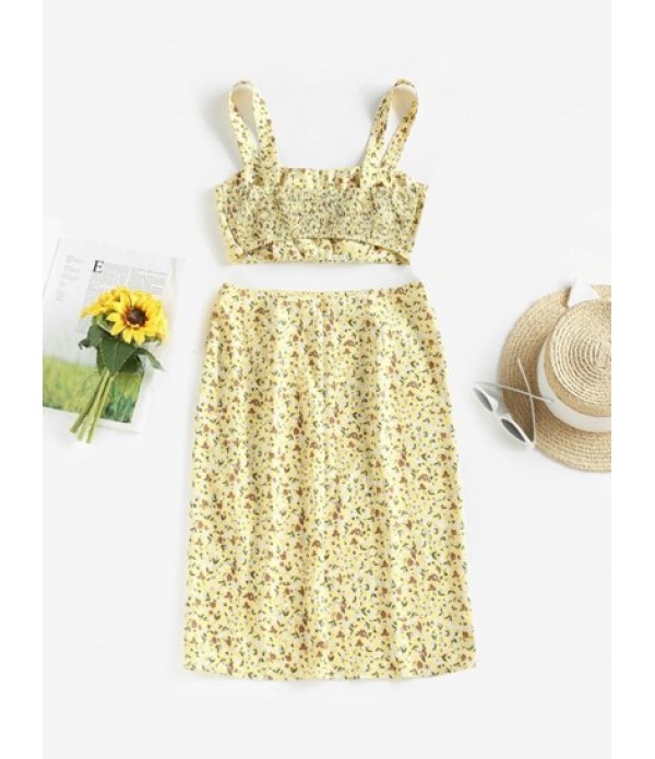 Ditsy Print Shirred Two Piece Skirt Set