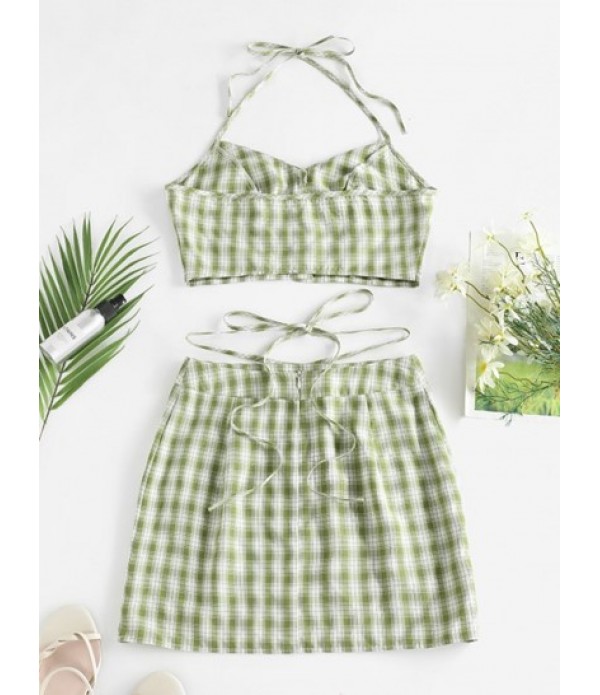 Halter Gingham Crop Top And Skirt Co Ord Set