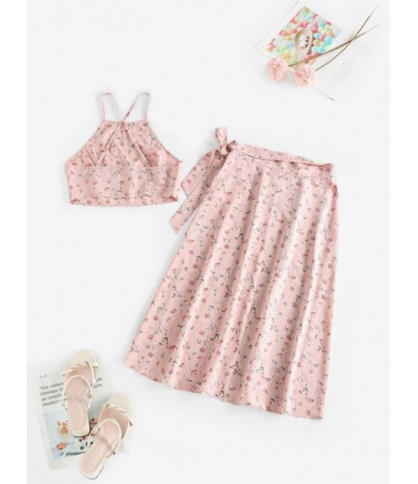 Ditsy Floral Cami Top And Knotted Wrap Skirt Set