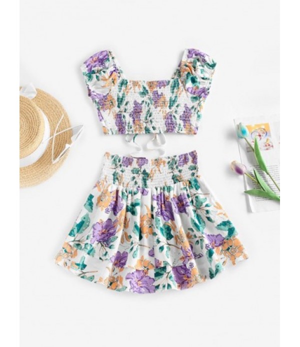 Puff Sleeve Flower Shirred Top And Layered Skirt Set