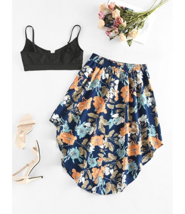 V Notch Cami Top And Flower Curved Hem Skirt Set