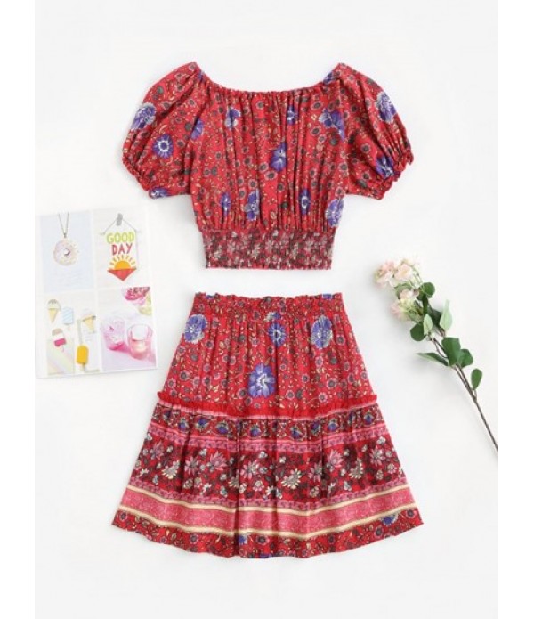 Floral Tie Collar Puff Sleeve Two Piece Dress