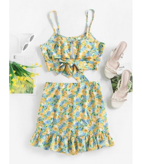 Floral Ruched Tie Cut Out Back Two Piece Dress