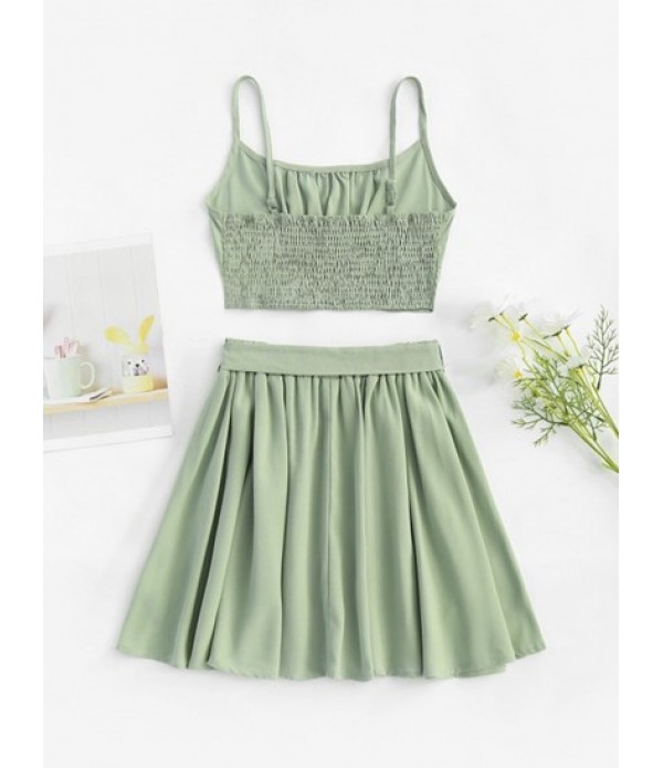 Smocked Back Ruched Top And Belted Skirt Set Smocked Back Ruched Top And Belted Skirt Set