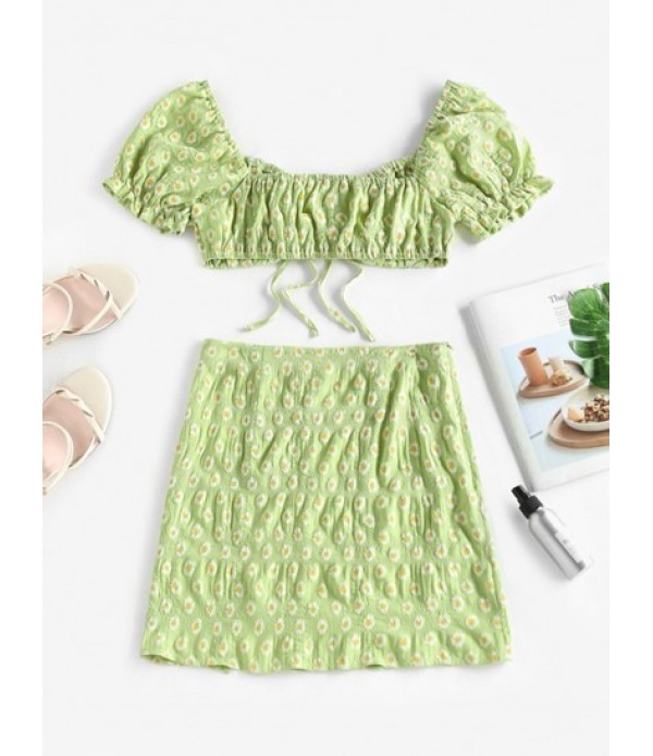 Tie Front Puff Sleeve Front Slit Daisy Two Piece Dress Tie Front Puff Sleeve Front Slit Daisy Two Piece Dress