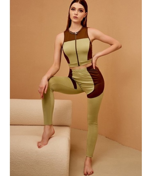 Two Tone Zip Cutout Two Piece Pants Set Two Tone Zip Cutout Two Piece Pants Set