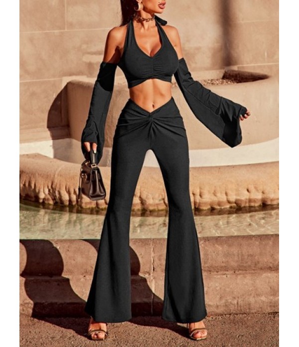 Halter Ribbed Crop Top And Twist Flare Pants Set