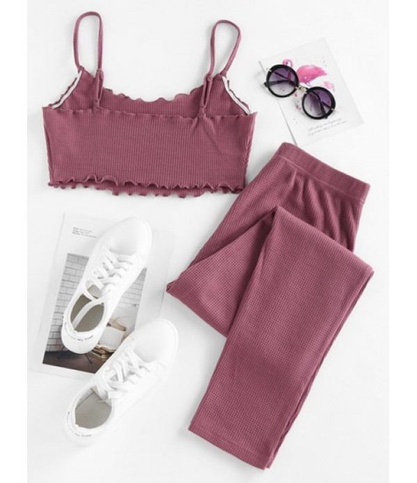 Lounge Knitted Bowknot Lettuce Trim Pants Set