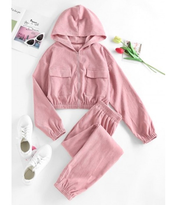Corduroy Pocket Zip Jacket And Jogger Pants Set