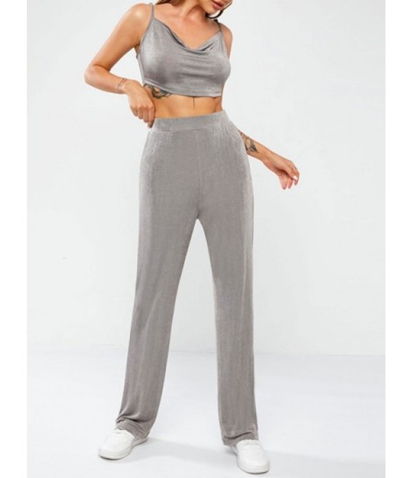 Jersey Cowl Front Top And Wide Leg Pants Set