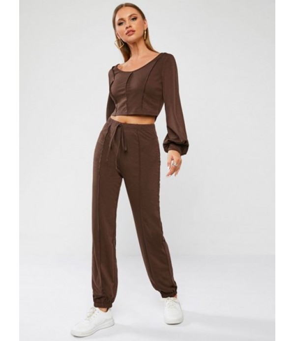 Topstitching Cropped Sweatshirt And Sweat Pants Set