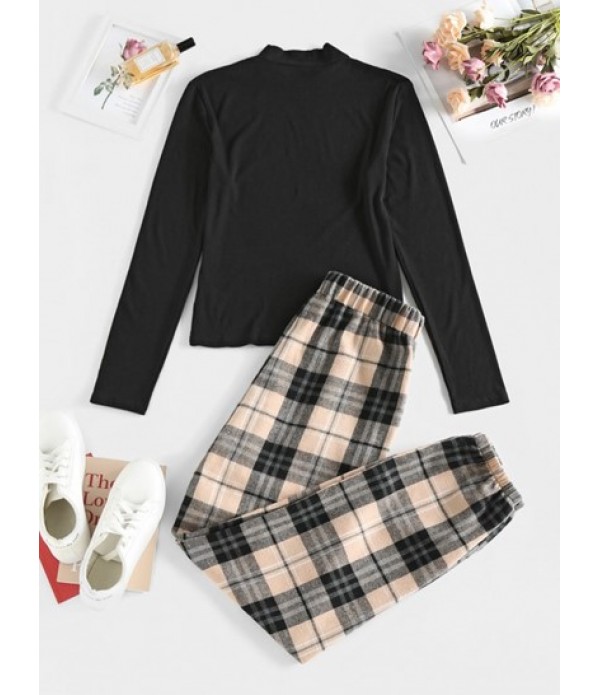 Ribbed Long Sleeve Top And Flannel Plaid Pants Set