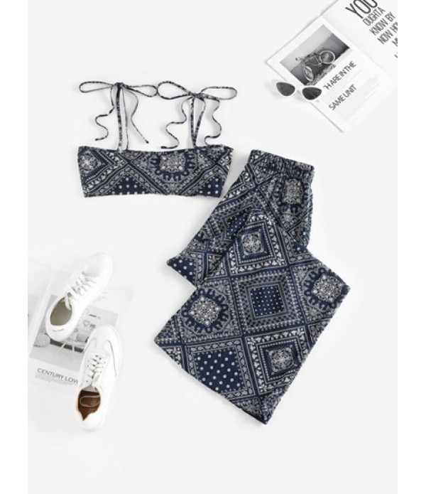 Ethnic Scarf Print Tied Wide Leg Pants Set