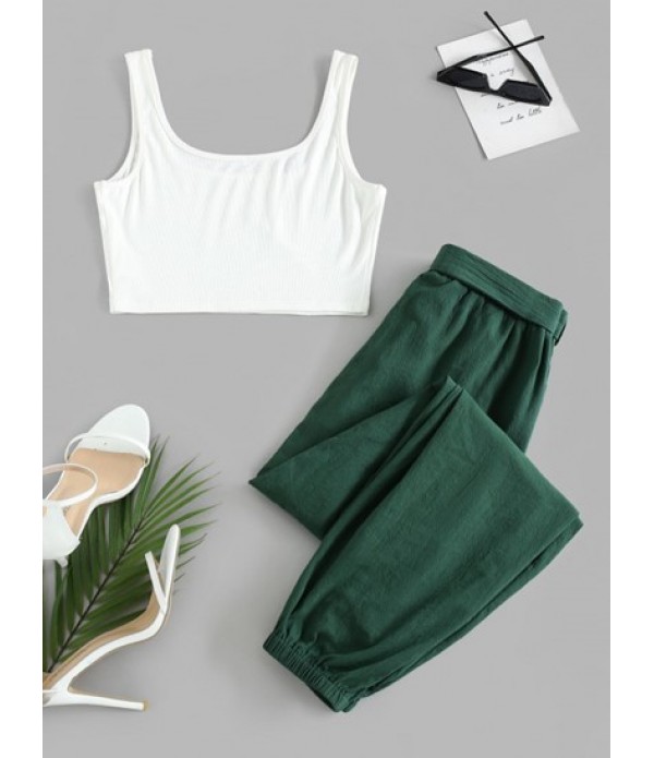 Cropped Ribbed Top And Belted Jogger Pants Set