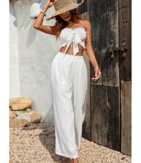 Bandeau Smocked Ruffle Bowknot Wide Leg Pants Set