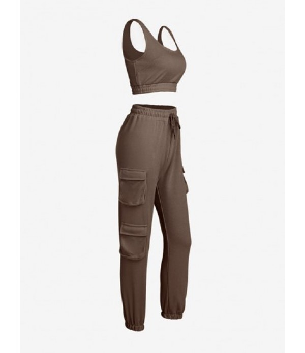 Crop Top And Drawstring Cargo Jogger Pants Set