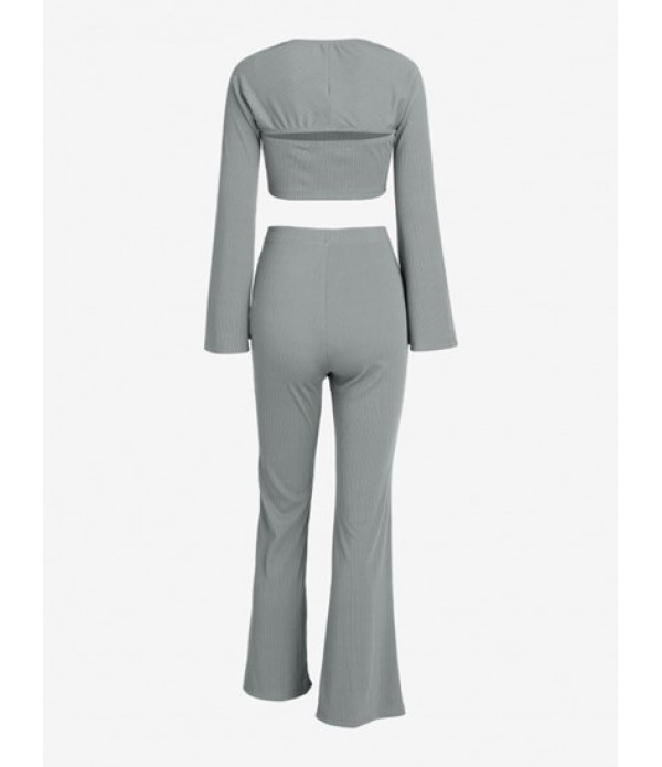 Ribbed Bowknot Three Pieces Boot Cut Pants Set