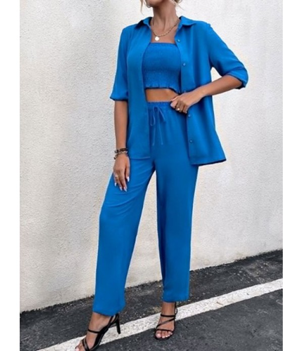 Smocked Half Sleeve Bowknot Three Pieces Wide Leg Pants Set