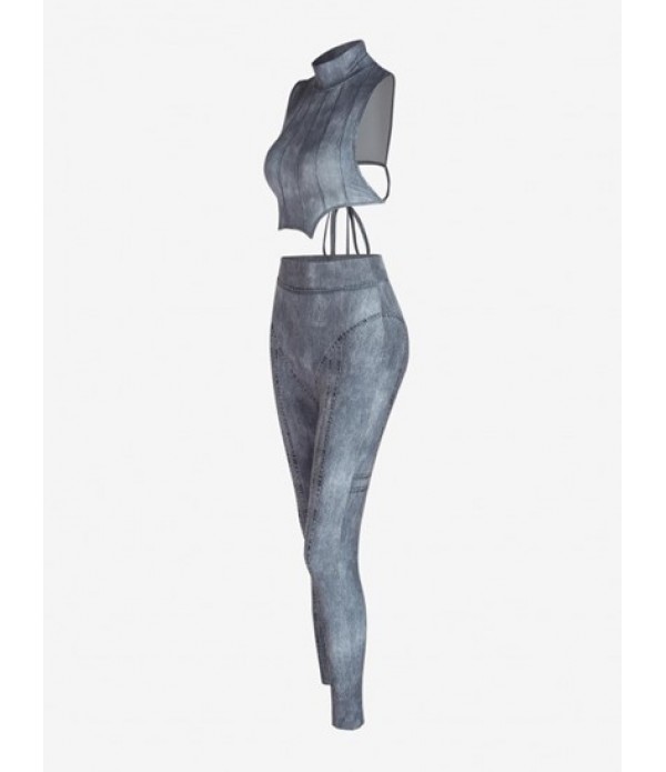 Mock Neck 3D Denim Trompe L'oeil Print Skinny Pants Set