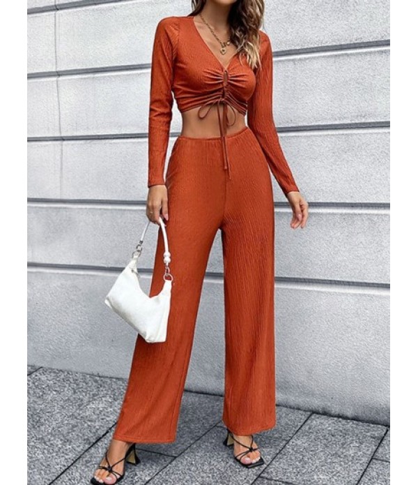 Solid Color Cinched Plisse Crop Top And Pants Set