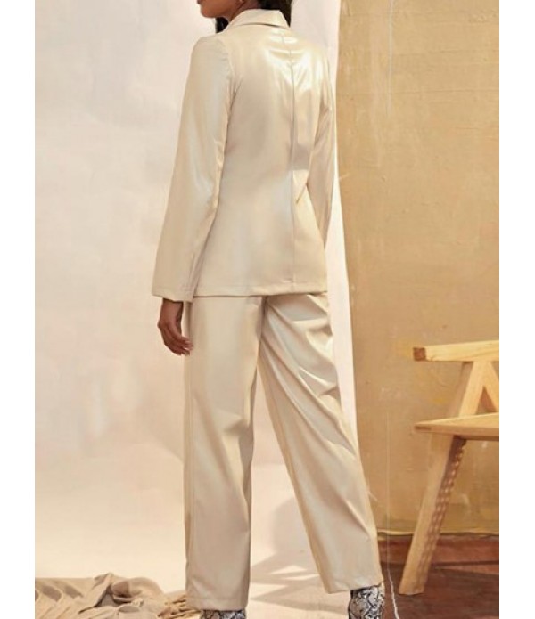 PU One Button Blazer With High Waisted Pants Set