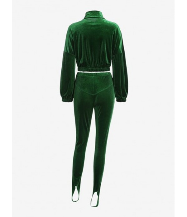 Drop Shoulder Zip Up Velvet Three Pieces Stirrup Pants Set