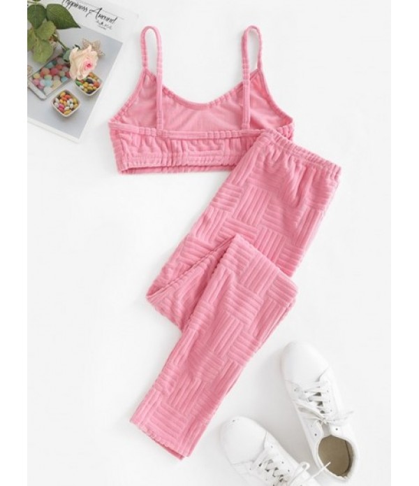 Terry Cloth Bralette Top With Slit Hem High Waisted Pants Set