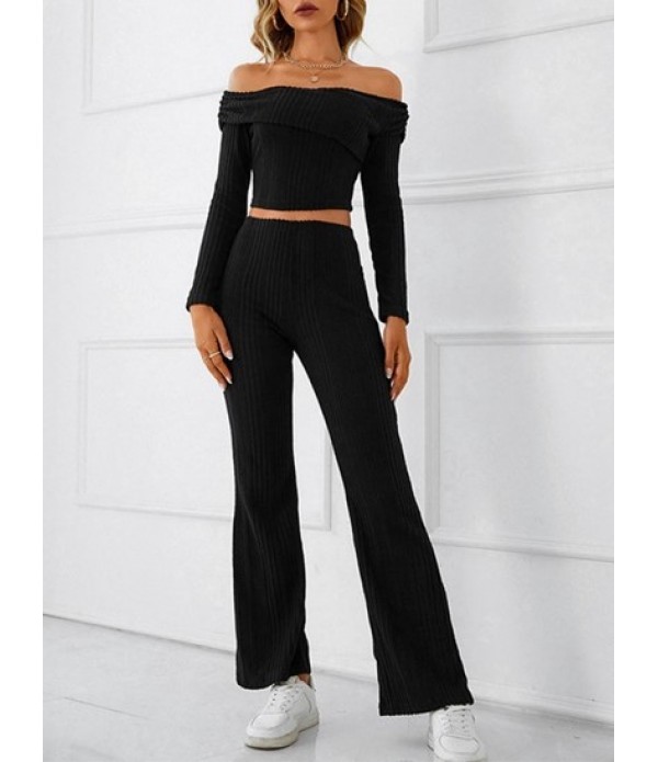 Off The Shoulder Knit Casual Crop Top And Pants Set