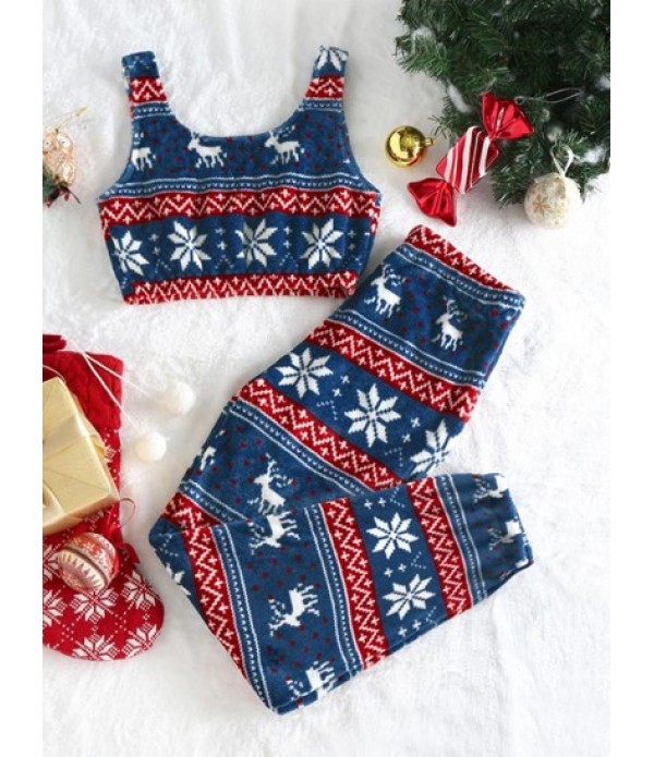 Christmas Elk Snowflake Fleece Crop Top And Pants Set