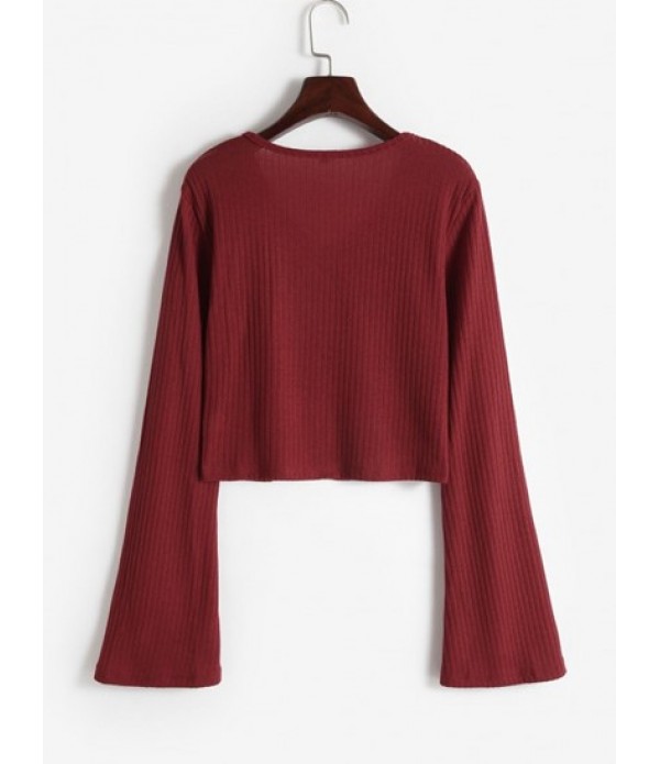 Ribbed Bell Sleeve Zip Up Cardigan With Straight Pants Set