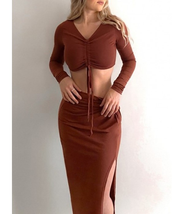 Cinched Front Twisted Thigh Slit Skirt Set