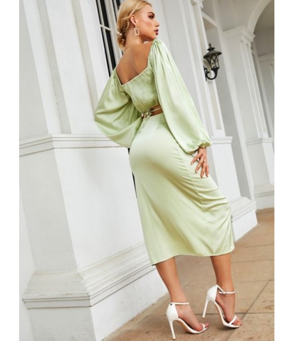 Silky Crossover Smocked Milkmaid Top And Thigh Split Midi Skirt Set Silky Crossover Smocked Milkmaid Top And Thigh Split Midi Skirt Set