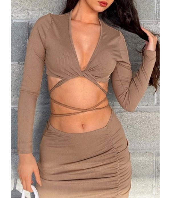 Plunge Midriff Flossing Tee And Ruched High Slit Skirt Co Ord Set