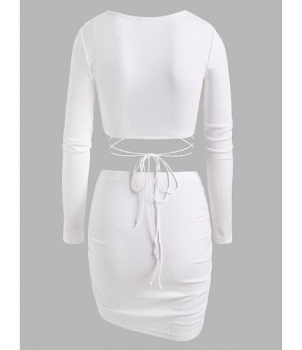 Ribbed Midriff Flossing Top And Cinched Ruched Mini Skirt Set Ribbed Midriff Flossing Top And Cinched Ruched Mini Skirt Set