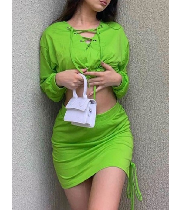 Cropped Bright Color Lace Up Sweatshirt And Skirt Set