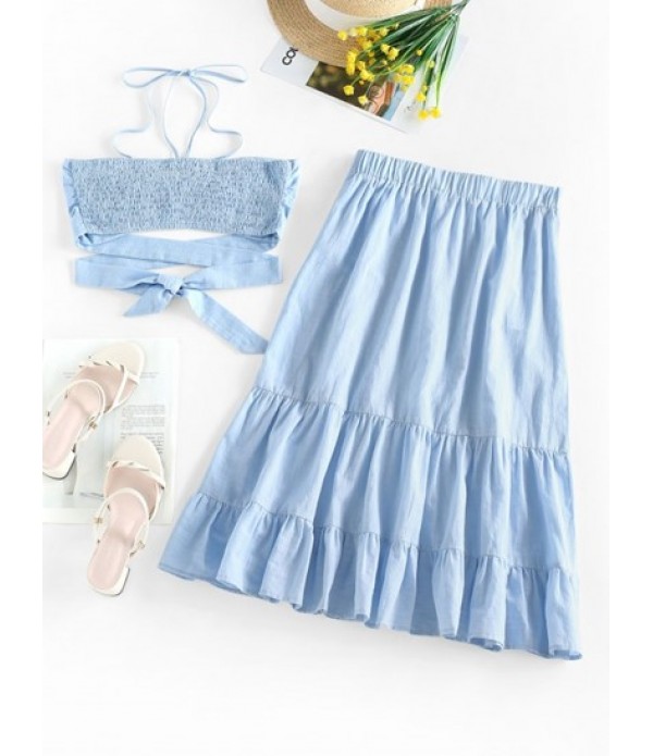 Cinched Shirred Midriff Flossing Tiered Skirt Set